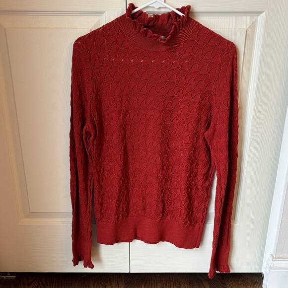 Sundance Frances Ruffle Turtleneck Sweater Scallop Pointelle Knit Rust Orange LG - Picture 2 of 11